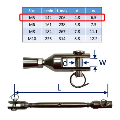 Stainless Steel Turnbuckle / Rigging Screw - 316 Grade Stainless Steel With Machined Fork Ends