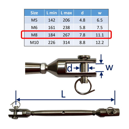 Stainless Steel Turnbuckle / Rigging Screw - 316 Grade Stainless Steel With Machined Fork Ends