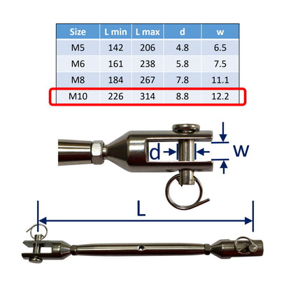 Stainless Steel Turnbuckle / Rigging Screw - 316 Grade Stainless Steel With Machined Fork Ends