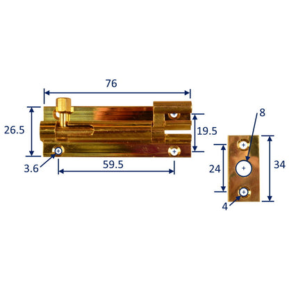 Slide Barrel Bolt with Offset Neck in Brass, 75mm