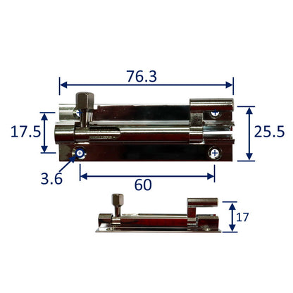 Offset Slide Latch Bolt 75mm In Chrome Plated Brass, With Screws