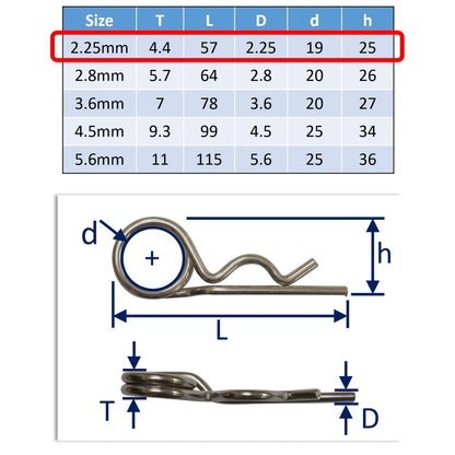 316 Stainless Steel Spring Cotter Pin, With Double Loop, Marine Grade