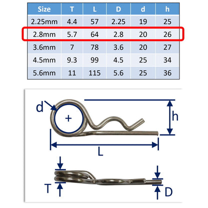 316 Stainless Steel Spring Cotter Pin, With Double Loop, Marine Grade