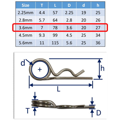 316 Stainless Steel Spring Cotter Pin, With Double Loop, Marine Grade