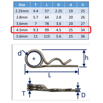 316 Stainless Steel Spring Cotter Pin, With Double Loop, Marine Grade