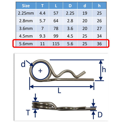 316 Stainless Steel Spring Cotter Pin, With Double Loop, Marine Grade