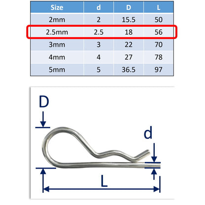 316 Stainless Steel R-Clips (Spring Cotter Pins), Metric Sizes Marine Grade, Quick Removal