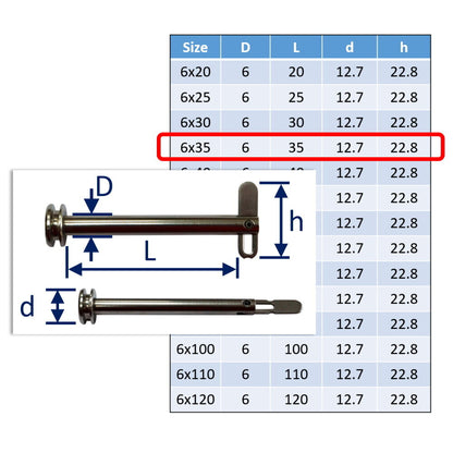 6mm Drop Nose Pin In 316 Stainless Steel, Polished Finish, Various Sizes, High Quality UK Manufacture