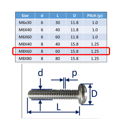 M8x60stainless steel pan head set screws