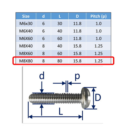 M8x80 stainless steel pan head set screws