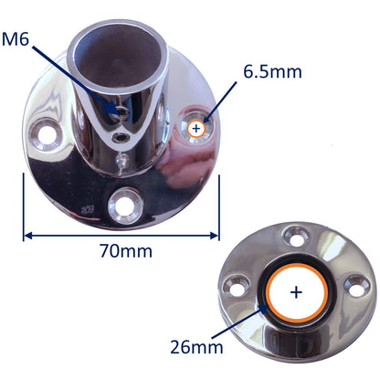 Tube Mounting Support, Flanged 316 Stainless Steel 60-Degree Tube Mounting Socket For 22mm or 25mm Tube