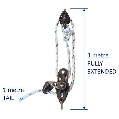 Sailing Pulley Block System 3:1 Ratio, 8mm Blue Fleck Braided Polyester Line, Tied To Block (Not Spliced)