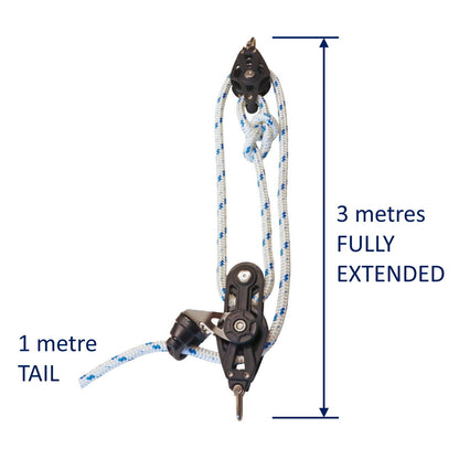 Sailing Pulley Block System 3:1 Ratio, 8mm Blue Fleck Braided Polyester Line, Tied To Block (Not Spliced)