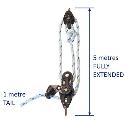 Sailing Pulley Block System 3:1 Ratio, 8mm Blue Fleck Braided Polyester Line, Tied To Block (Not Spliced)