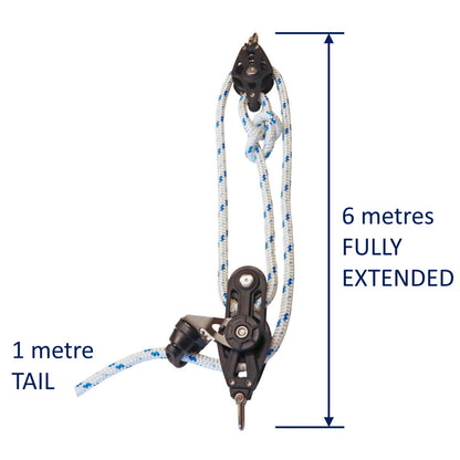 Sailing Pulley Block System 3:1 Ratio, 8mm Blue Fleck Braided Polyester Line, Tied To Block (Not Spliced)