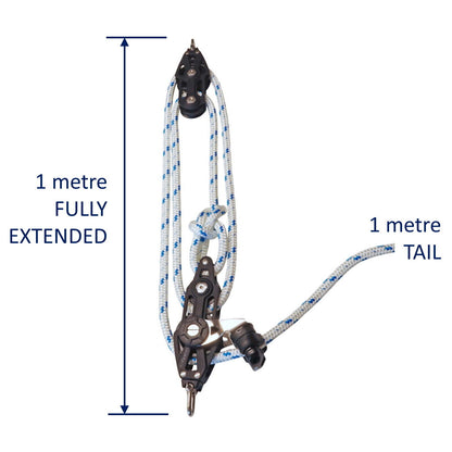 Sailing Pulley Block System 4:1 Ratio, 8mm Blue Fleck Braided Polyester Line, Tied To Block (Not Spliced)