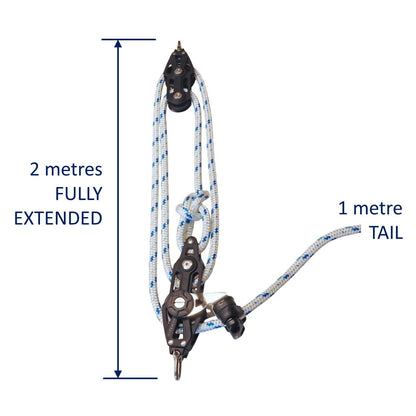 Sailing Pulley Block System 4:1 Ratio, 8mm Blue Fleck Braided Polyester Line, Tied To Block (Not Spliced)