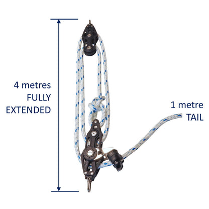 Sailing Pulley Block System 4:1 Ratio, 8mm Blue Fleck Braided Polyester Line, Tied To Block (Not Spliced)