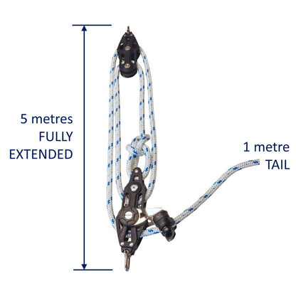 Sailing Pulley Block System 4:1 Ratio, 8mm Blue Fleck Braided Polyester Line, Tied To Block (Not Spliced)