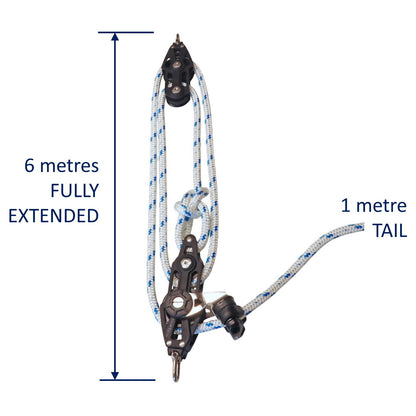 Sailing Pulley Block System 4:1 Ratio, 8mm Blue Fleck Braided Polyester Line, Tied To Block (Not Spliced)