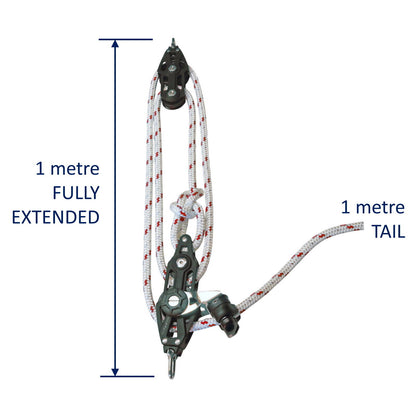 Sailing Pulley Block System 4:1 Ratio, 12mm Red Fleck Braided Polyester Line, Tied To Block (Not Spliced)