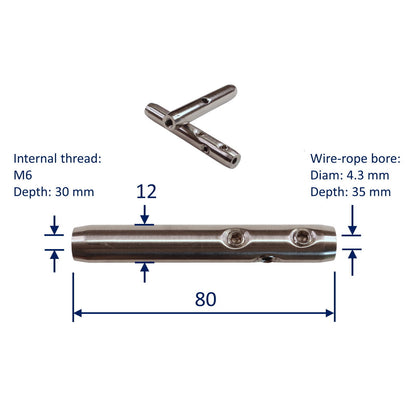 Wire Rope End Fitting, Grub-Screw Securing / Female Metric Thread, In 316 Stainless Steel