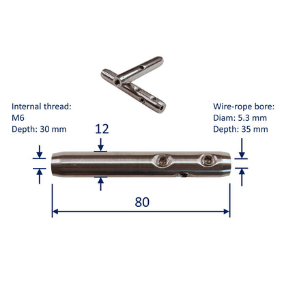 Wire Rope End Fitting, Grub-Screw Securing / Female Metric Thread, In 316 Stainless Steel