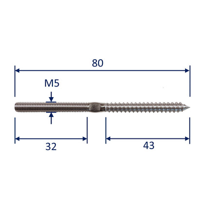 316 Stainless Steel Metric Stud With Wood Screw Thread / Terminal Connection