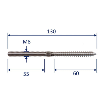 316 Stainless Steel Metric Stud With Wood Screw Thread / Terminal Connection