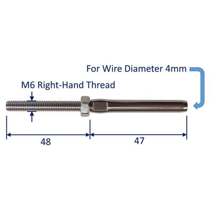 Swage Stud End Fitting For Wire Rope, 316 Stainless Steel Swage Fitting, With Metric Thread