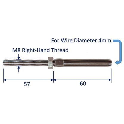 Swage Stud End Fitting For Wire Rope, 316 Stainless Steel Swage Fitting, With Metric Thread