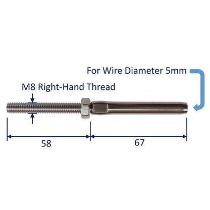 Swage Stud End Fitting For Wire Rope, 316 Stainless Steel Swage Fitting, With Metric Thread