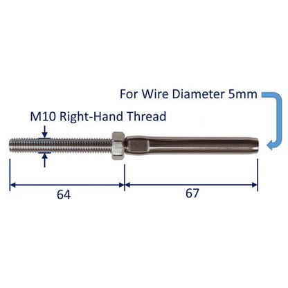 Swage Stud End Fitting For Wire Rope, 316 Stainless Steel Swage Fitting, With Metric Thread