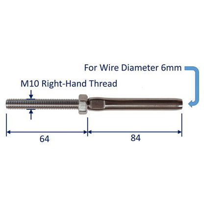 Swage Stud End Fitting For Wire Rope, 316 Stainless Steel Swage Fitting, With Metric Thread