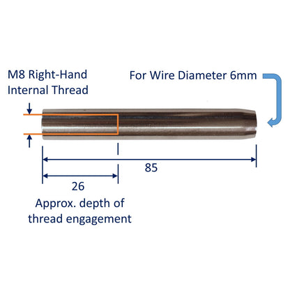 Swage End Fitting For Wire Rope, 316 Stainless Steel Swage Fitting, With Female Metric Thread