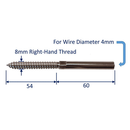 Swage End Fitting For Wire Rope With Wood-Thread, 316 Stainless Steel Swage Fitting