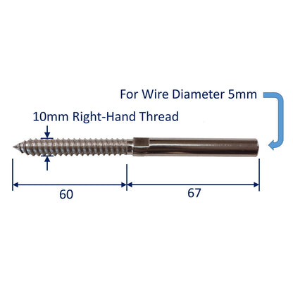 Swage End Fitting For Wire Rope With Wood-Thread, 316 Stainless Steel Swage Fitting