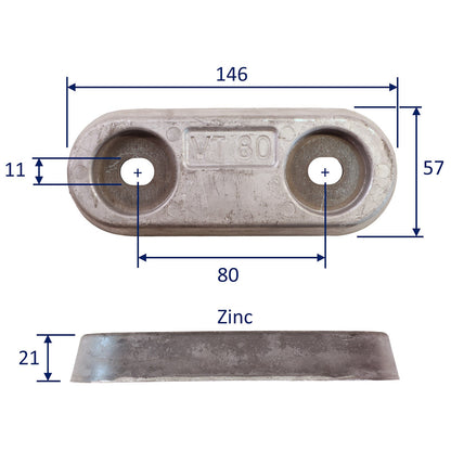 Zinc Sacrificial Anode, Vetus 80 Type For Hull Mounting, In Salt-Water For Corrosion Protection