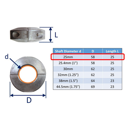 Zinc Collar Shaft Anode For Boat Prop Shafts In Salt Water, Short Collar Anode