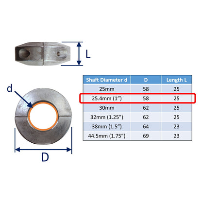 Zinc Collar Shaft Anode For Boat Prop Shafts In Salt Water, Short Collar Anode