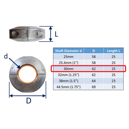 Zinc Collar Shaft Anode For Boat Prop Shafts In Salt Water, Short Collar Anode