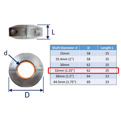 Zinc Collar Shaft Anode For Boat Prop Shafts In Salt Water, Short Collar Anode