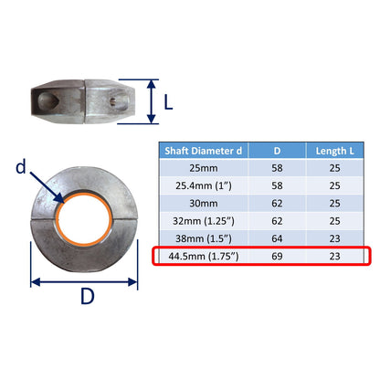 Zinc Collar Shaft Anode For Boat Prop Shafts In Salt Water, Short Collar Anode