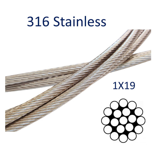 Stainless Steel Wire Rope, 316-Grade 1x19 For Marine & Rigging, Shrouds, Stays, Guard Rails (Sold By The Metre)