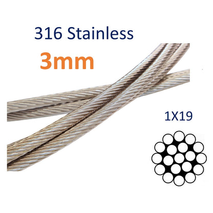 Stainless Steel Wire Rope, 316-Grade 1x19 For Marine & Rigging, Shrouds, Stays, Guard Rails (Sold By The Metre)