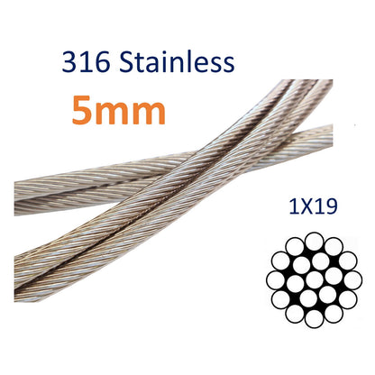 Stainless Steel Wire Rope, 316-Grade 1x19 For Marine & Rigging, Shrouds, Stays, Guard Rails (Sold By The Metre)