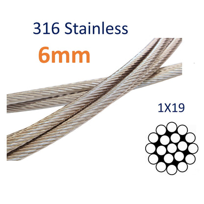 Stainless Steel Wire Rope, 316-Grade 1x19 For Marine & Rigging, Shrouds, Stays, Guard Rails (Sold By The Metre)