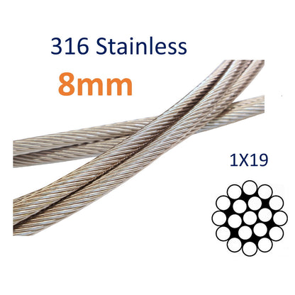 Stainless Steel Wire Rope, 316-Grade 1x19 For Marine & Rigging, Shrouds, Stays, Guard Rails (Sold By The Metre)