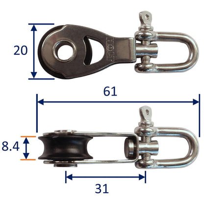 Single Swivel Pulley Block With 20mm Sheave, 316 Stainless Side Plates, Miniox