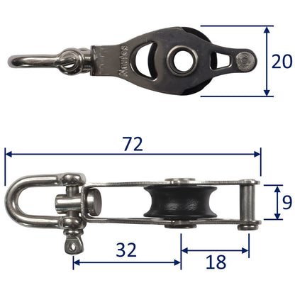 Single Swivel Pulley Block With Becket & 20mm Sheave, 316 Stainless Side Plates, Miniox